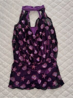 Purple Sequin Heart & Star Halter Romper Dance Costume
